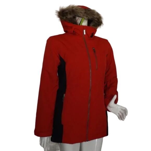 new SPYDER Coat, S, Crossover, Red/Black Furry trim hood, Zipper, Thumb holes - Picture 2 of 15